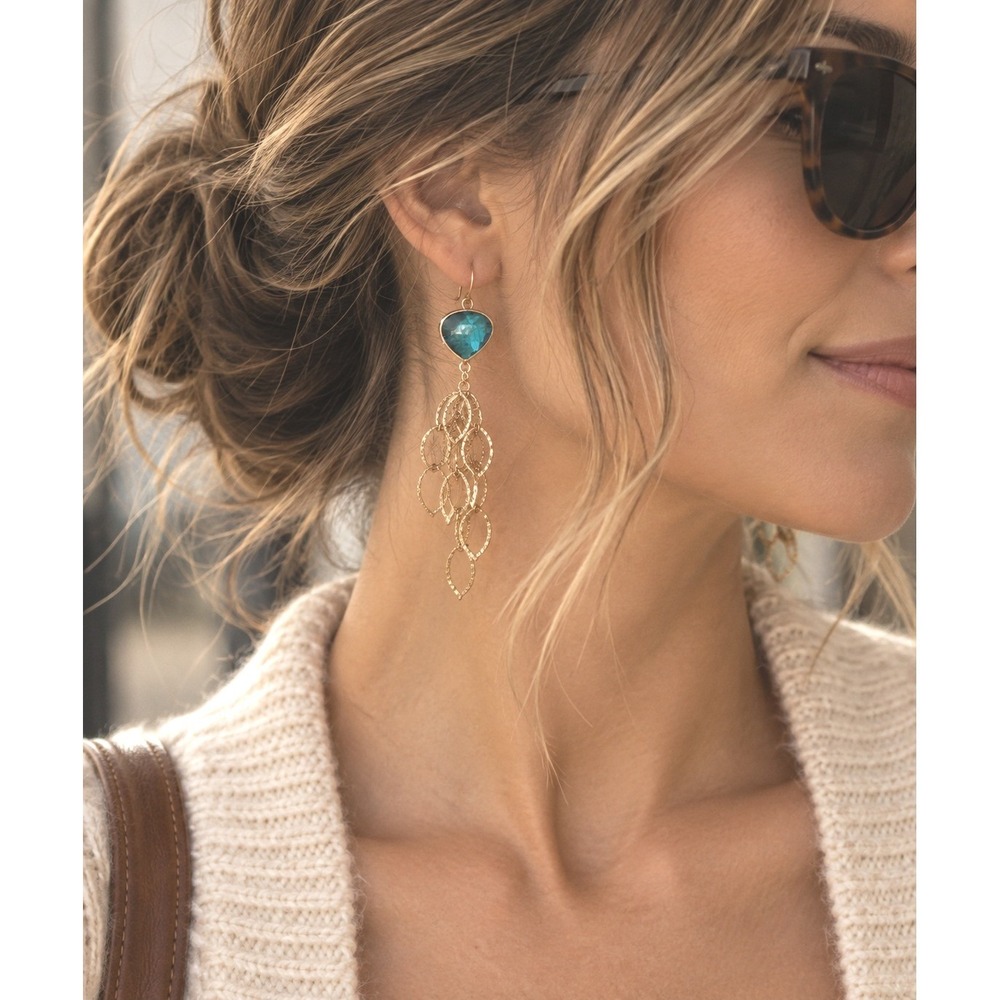 Anthropologie Teal Heart Gold Rings Drop Dangle Earrings Blue Stone Boho Chic